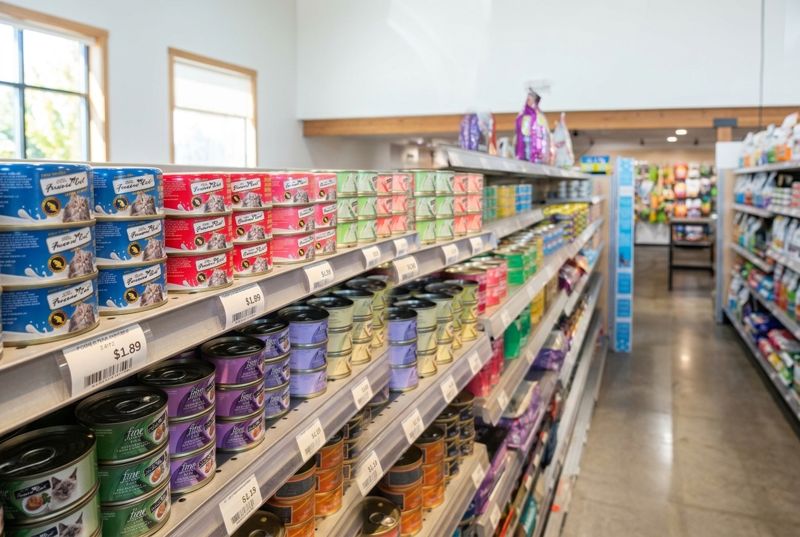 A long aisle of Fussie Cat and other canned cat food