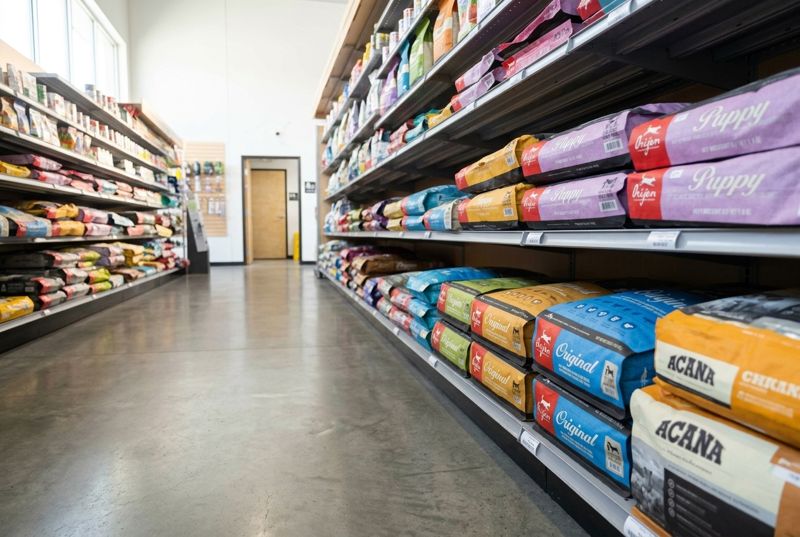 Orijen and Acana dog food bags stacked down a bright aisle