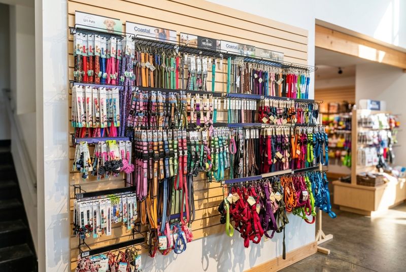 A slatwall of Coastal and Lupine leashes, collars and harnesses in every color