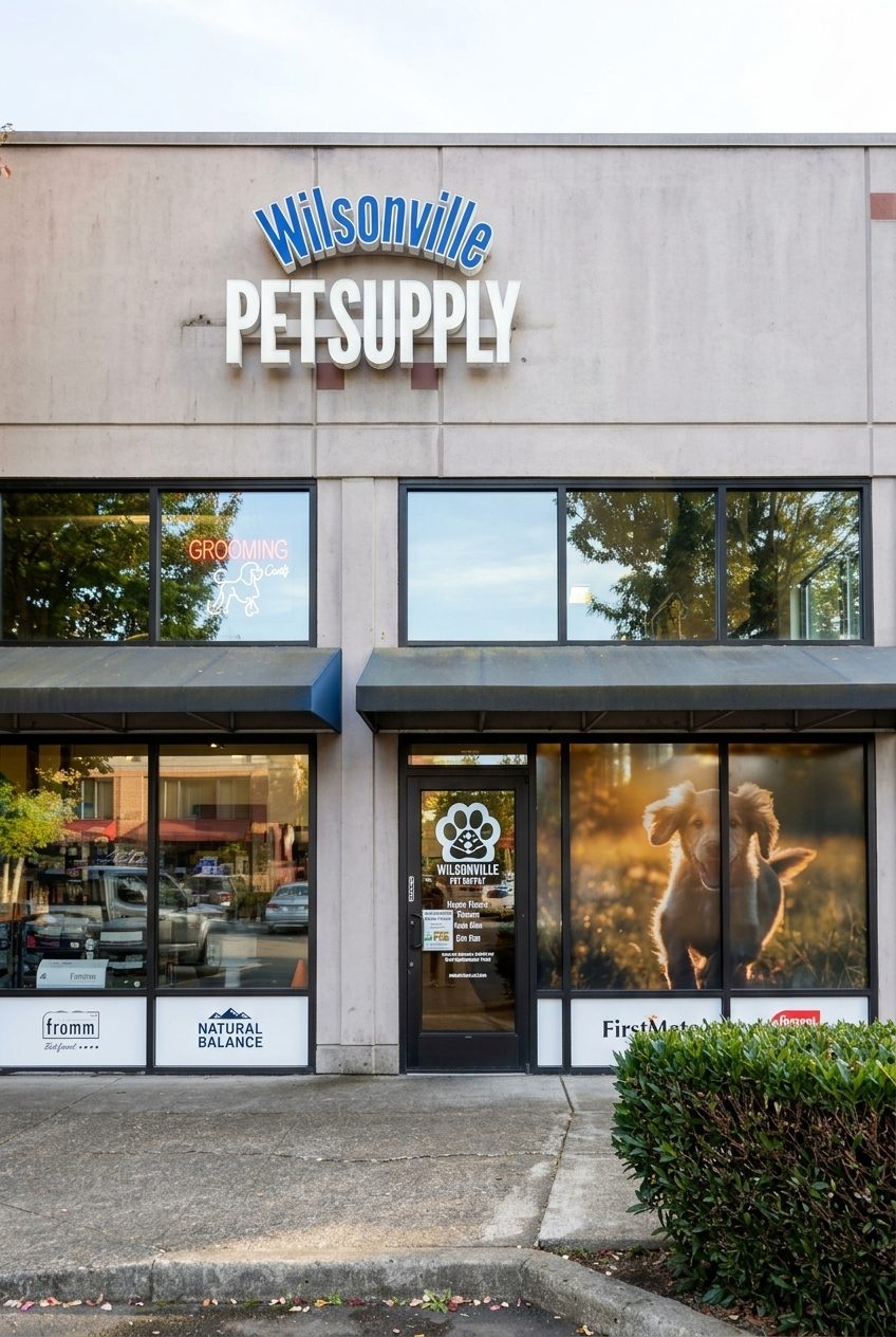 The Wilsonville Pet Supply storefront: the blue-and-white Wilsonville Pet Supply sign above the windows, awnings over the front door